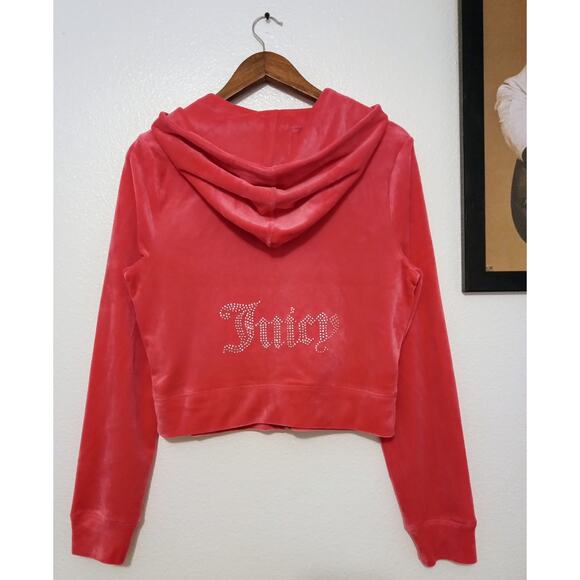 Juicy Couture Pink Velour Full Zip Up Hoodie Rhinestone Bling Y2K Jacket SZ L - Picture 3 of 9